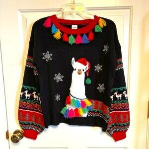 Holiday Time Llama Ugly Christmas Sweater Women's Small Long Sleeves pom poms
